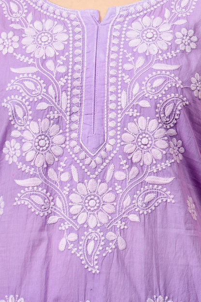 The chikankari story Pure Cotton Kurti for Women - Fine Chikan Kari Machine Embroidery in Ombre Shades of Purple, White, Yellow, Pink, and Blue.