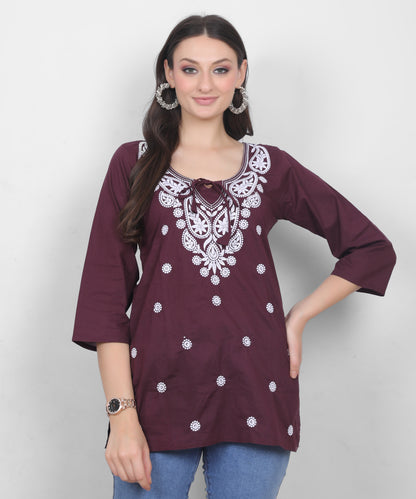 Women's Pure Cotton Chikankari Inspired Embroidered Short Kurti – Mustard Yellow, Pink, Sky Blue, Wine, Purple & White.
