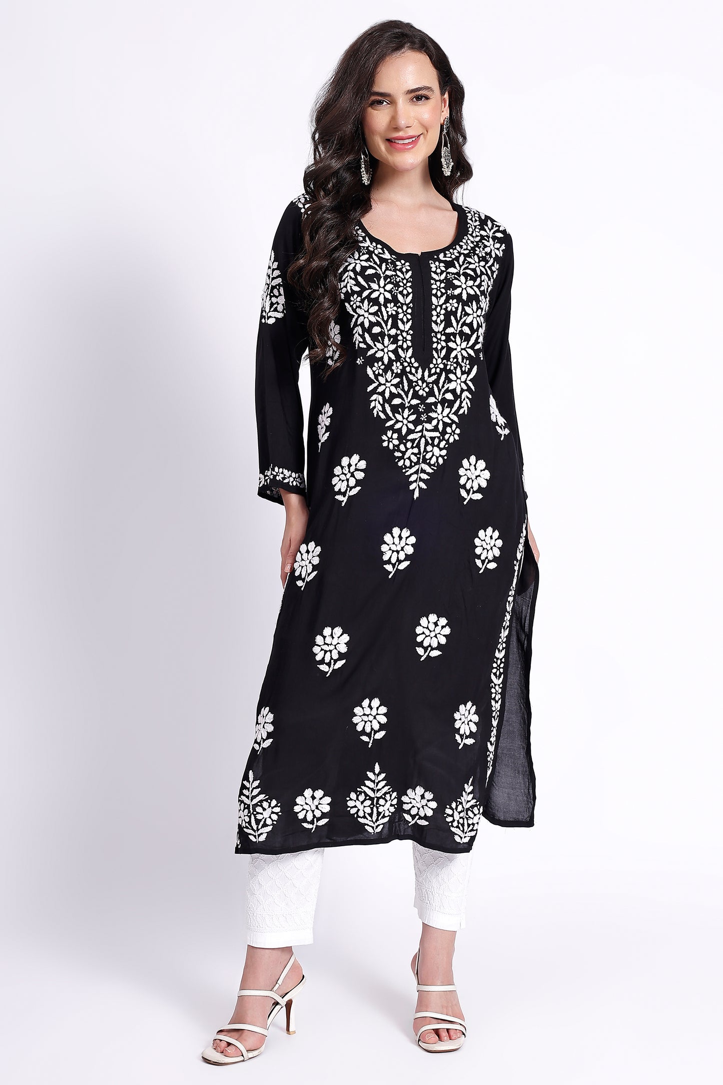 The Chikankari Story Hand-Embroidered Pure Modal Fabric Lucknowi Chikankari Black Kurta kurti having Traditional 3D Motifs Work.