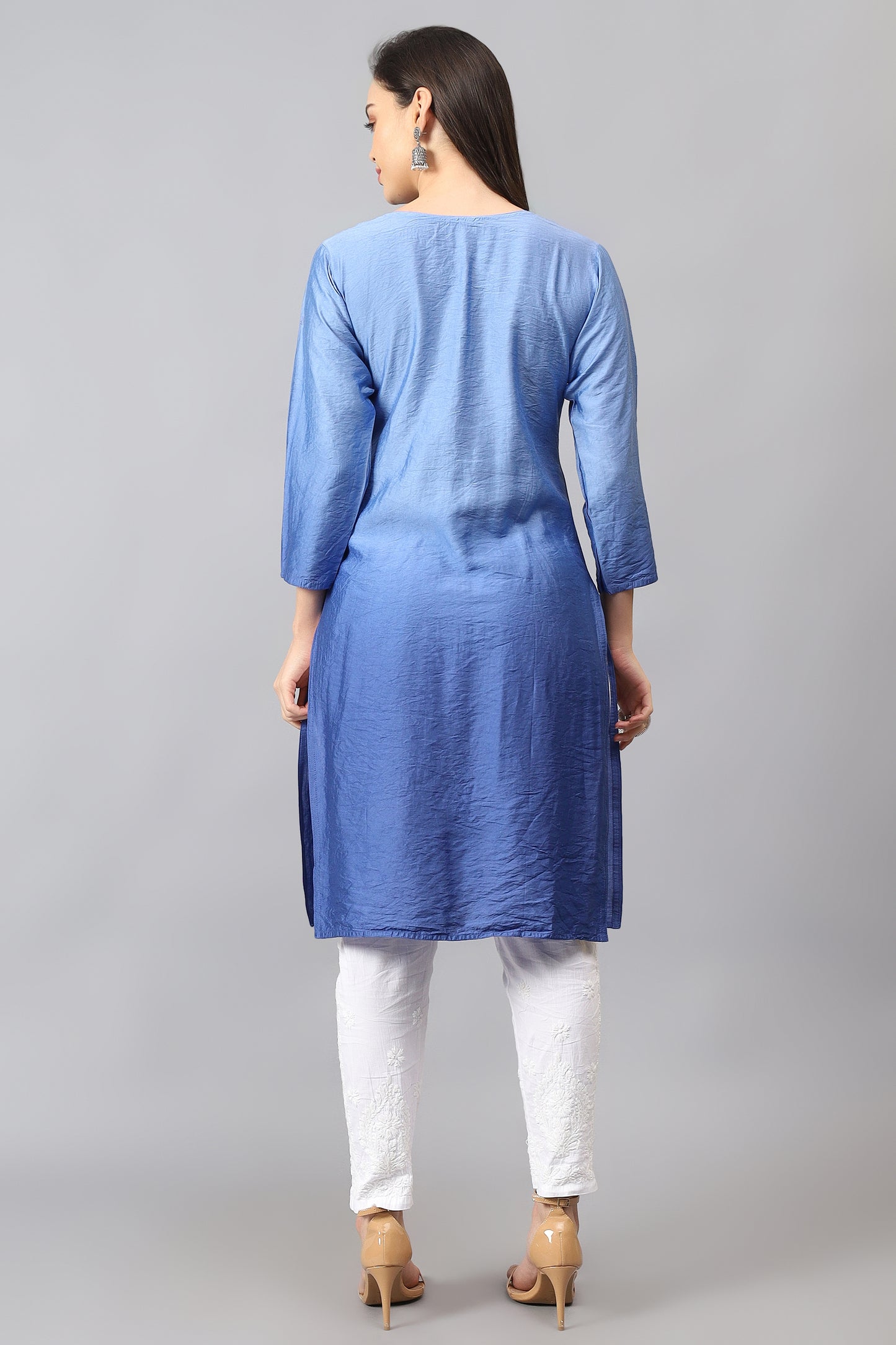 The chikankari story Pure Chanderi Embroidery Kurti - Exquisite Fine Embroidery in Ombre Shades of Red, Blue, and Green - Top Selling Elegant Women's Top.