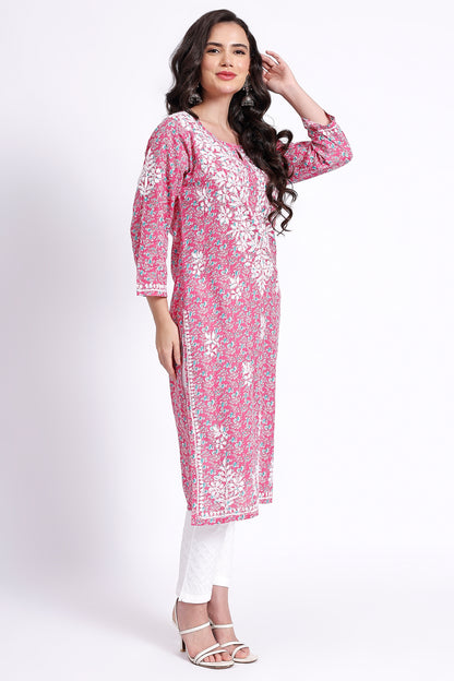 The Chikankari Story Hand-Embroidered Pure Cotton Printed Lucknowi Chikankari Kurta available in 4 subtle Colors