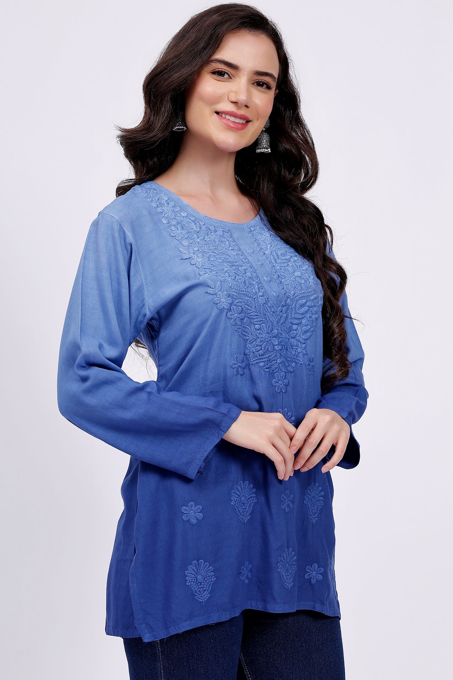 The Chikankari Story Elegant Blue Rayon Chikankari Kurti with Heavy Neck Embroidery – Short Length, Pre-Dyed Design.