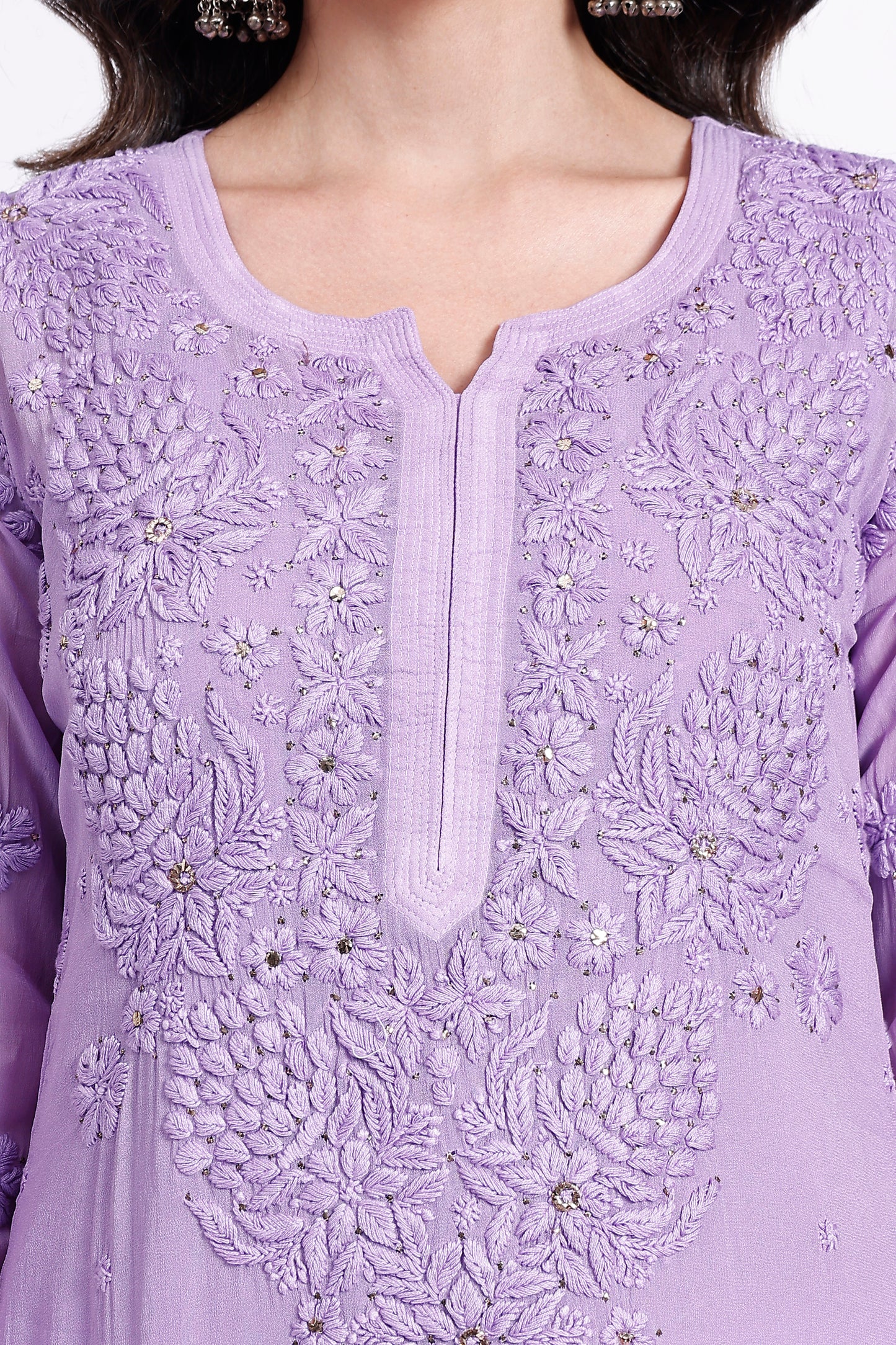 The Chikankari Story Hand-Embroidered Pure Lillac Georgette Fabric Lucknowi Chikankari light purple Kurta kurti having Traditional 3D Hand Work & Mukaish Embellishments.