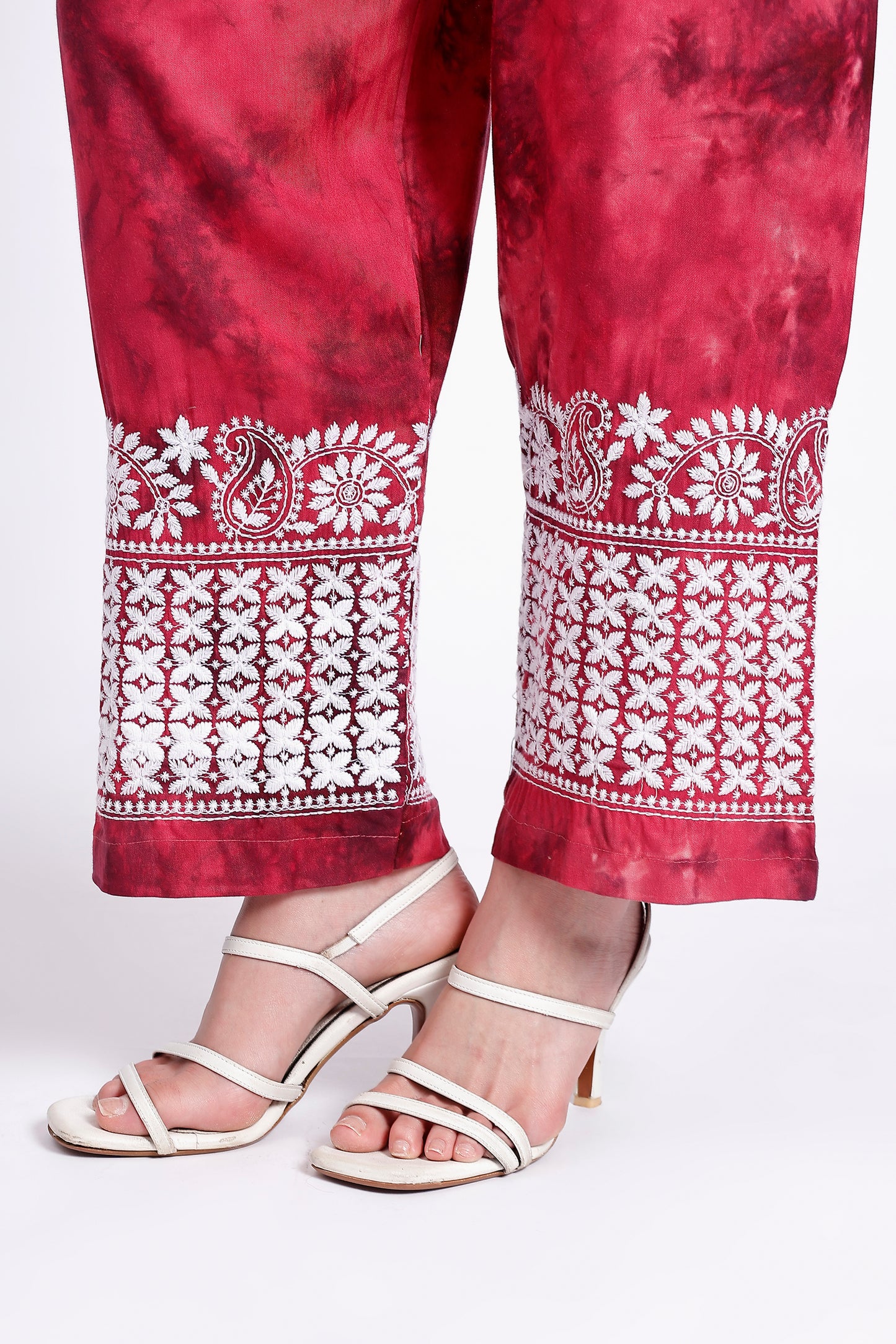 The Chikankari Story Embroidered Rayon Tie-Dyed Chikankari pink Kurti Plazzo set with 3D Embroidery.