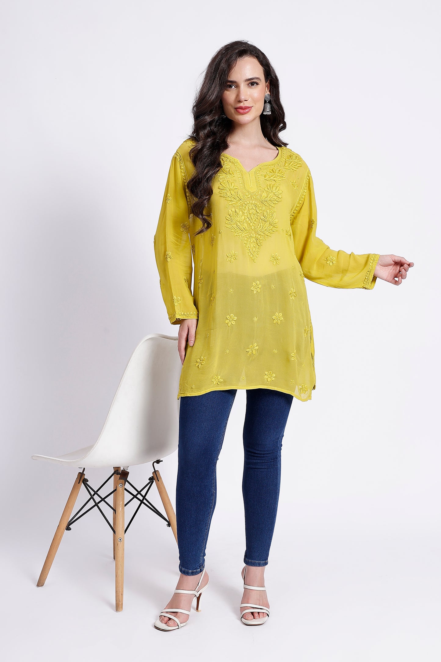 The Chikankari Story Elegant Yellow Viscose Georgette Chikankari hand embroidery 3D work Kurti with Heavy Neck Embroidery – Short Length kurti kurta.