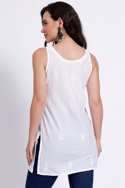 The Chikankari Story White Sleeveless Chikankari Top and Tunic with Hand Embroidery – Lakhnavi Bakhiya and Thread Work.