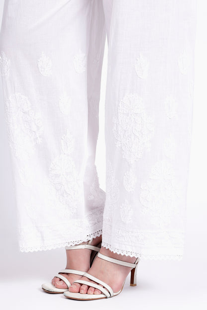 The Chikankari Story White Pure Cotton Chikankari Palazzo with Hand Embroidery and Crochet Lace Border – Lakhnavi Design.