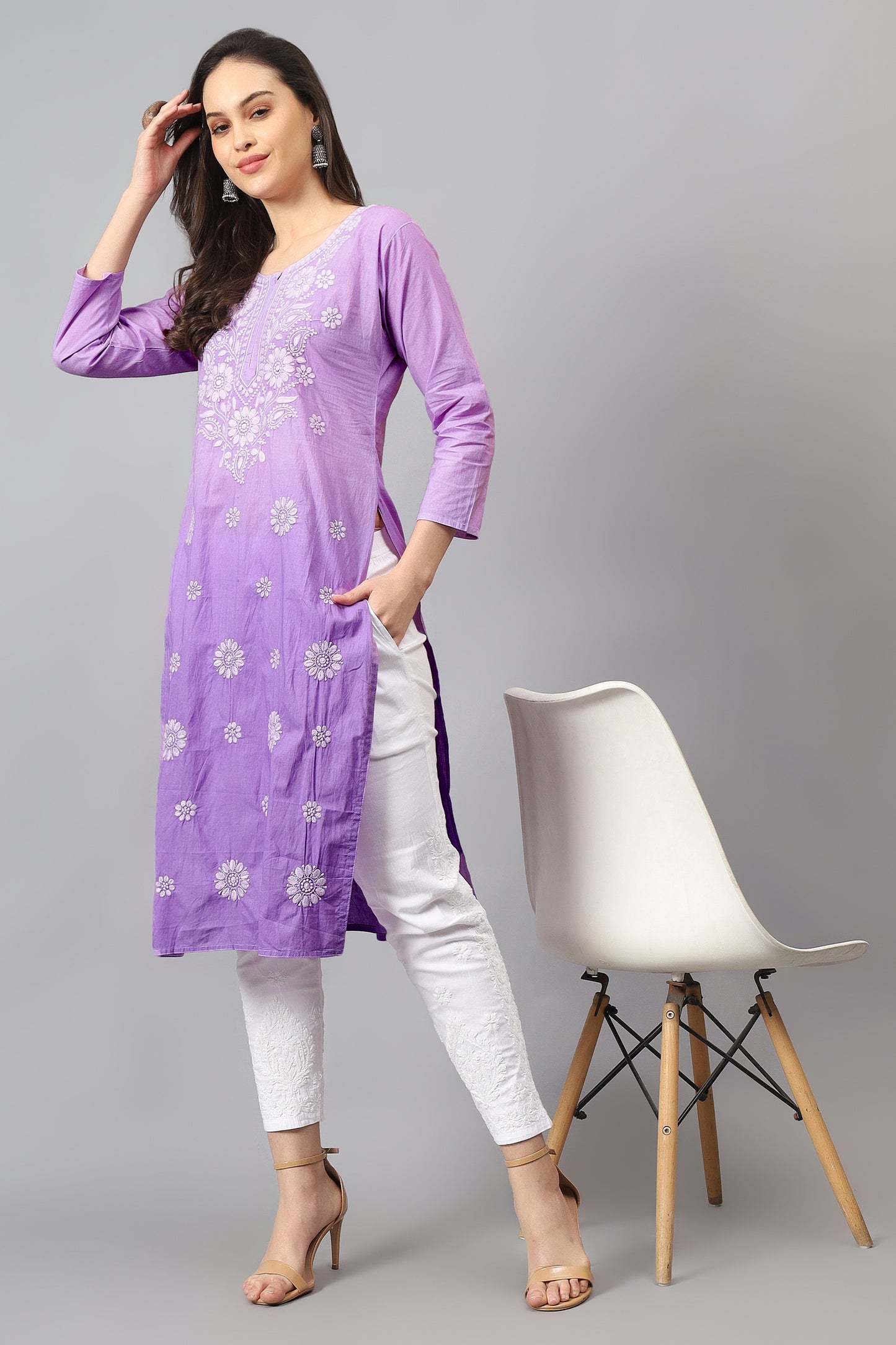 The chikankari story Pure Cotton Kurti for Women - Fine Chikan Kari Machine Embroidery in Ombre Shades of Purple, White, Yellow, Pink, and Blue.