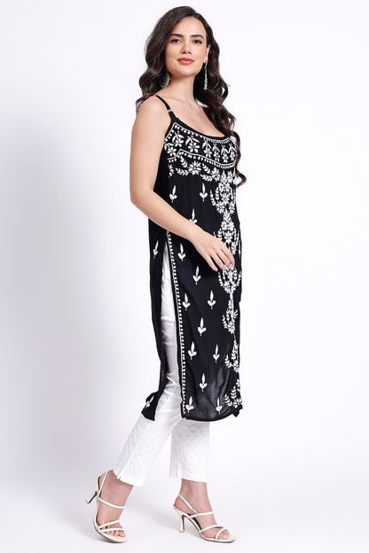 The Chikankari Story Hand-Embroidered Pure Modal Fabric Lucknowi Chikankari Noddle Strap Black Kurta kurti having Traditional 3D Motifs Work.