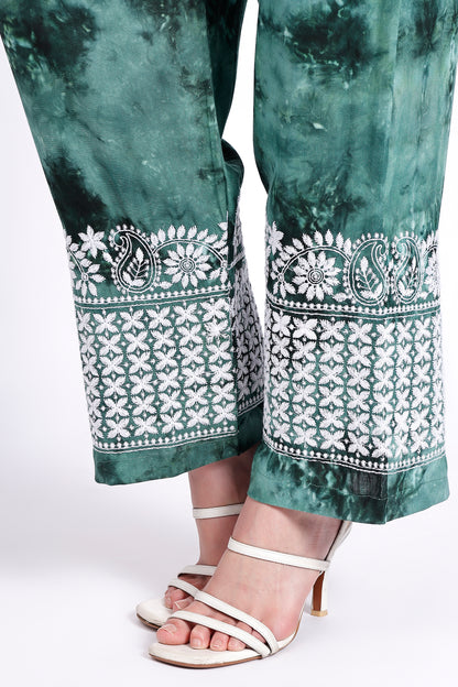 The Chikankari Story Embroidered Rayon Tie-Dyed Chikankari Green Kurti plazzo set having bollywood 3D Embroidery.