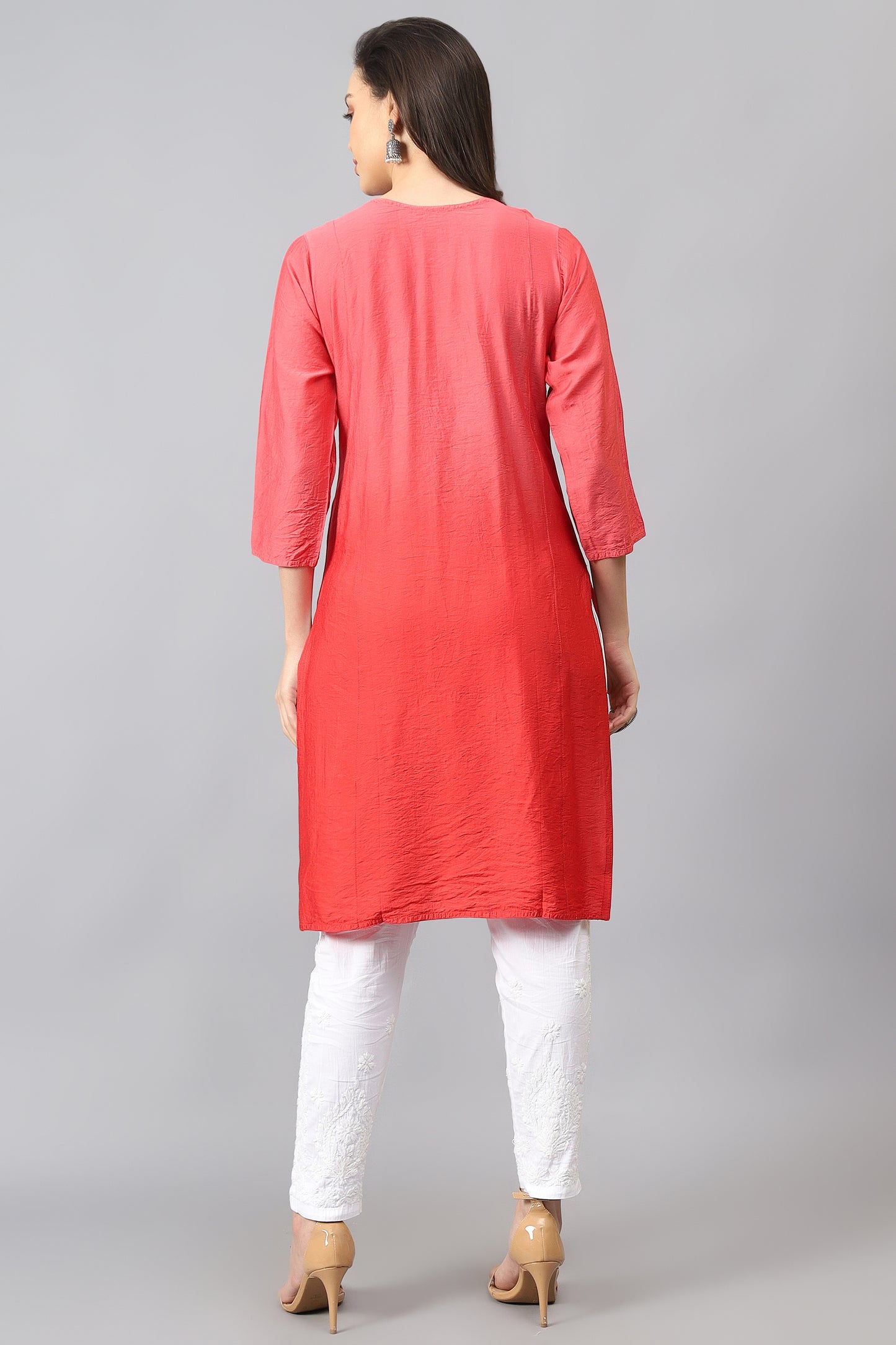 The chikankari story Pure Chanderi Embroidery Kurti - Exquisite Fine Embroidery in Ombre Shades of Red, Blue, and Green - Top Selling Elegant Women's Top.