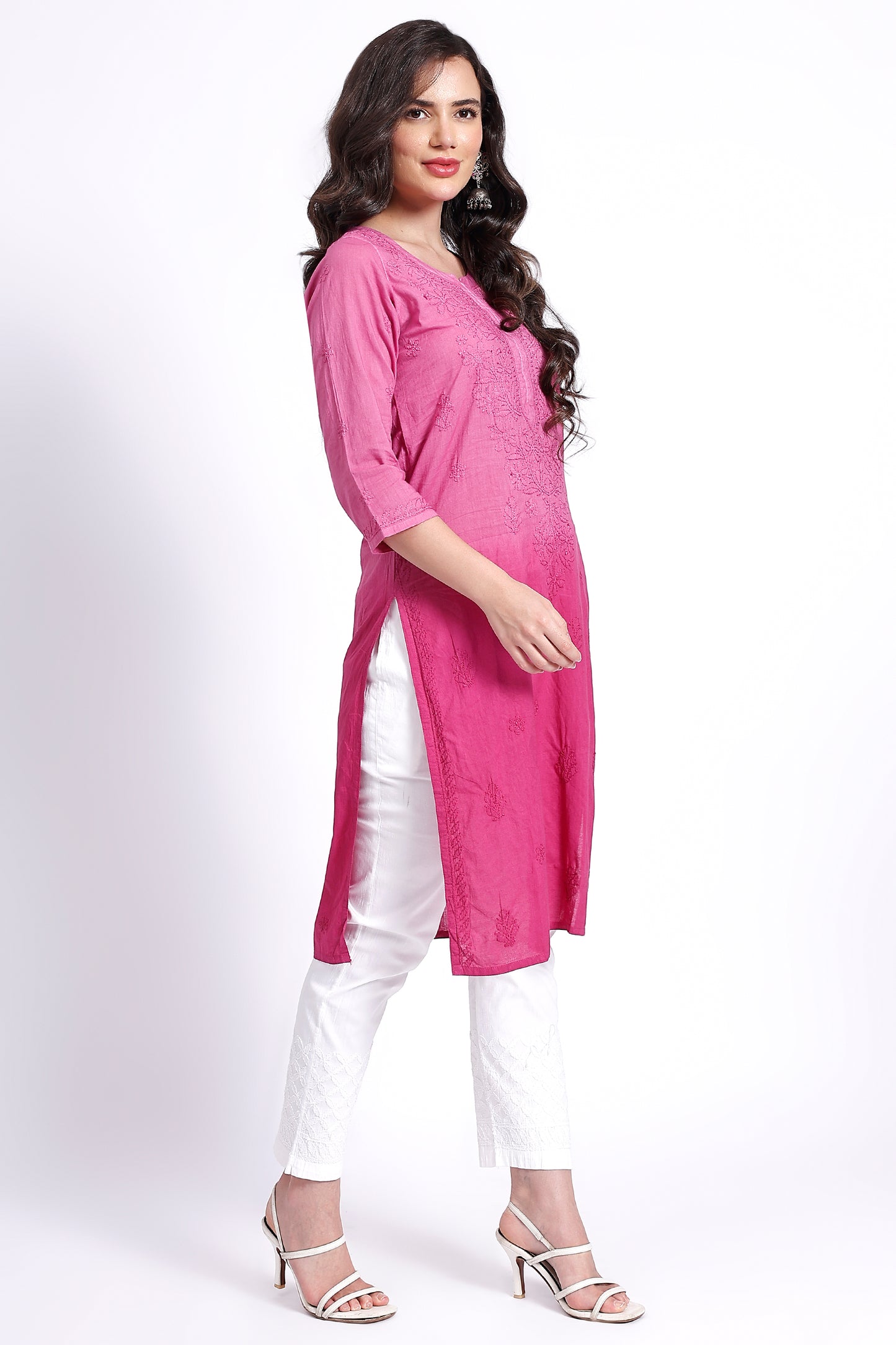 The Chikankari Story Hand-Embroidered Pure Cotton Pre-Dyed Lucknowi Chikankari Pink Kurta kurti having Traditional Bakhiya Work.