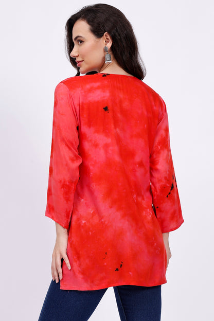 The Chikankari Story Embroidered Rayon Tie-Dyed Chikankari Red short Kurti with 3D Embroidery.