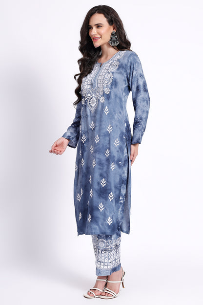 The Chikankari Story Embroidered Rayon Tie-Dyed Chikankari Blue Kurti plazzo set having bollywood 3D Embroidery.