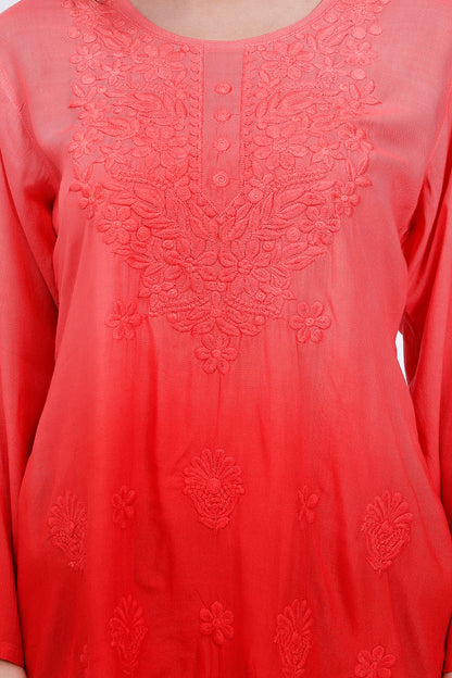 The Chikankari Story Elegant Red Rayon Chikankari Kurti with Heavy Neck Embroidery – Short Length, Pre-Dyed Design.