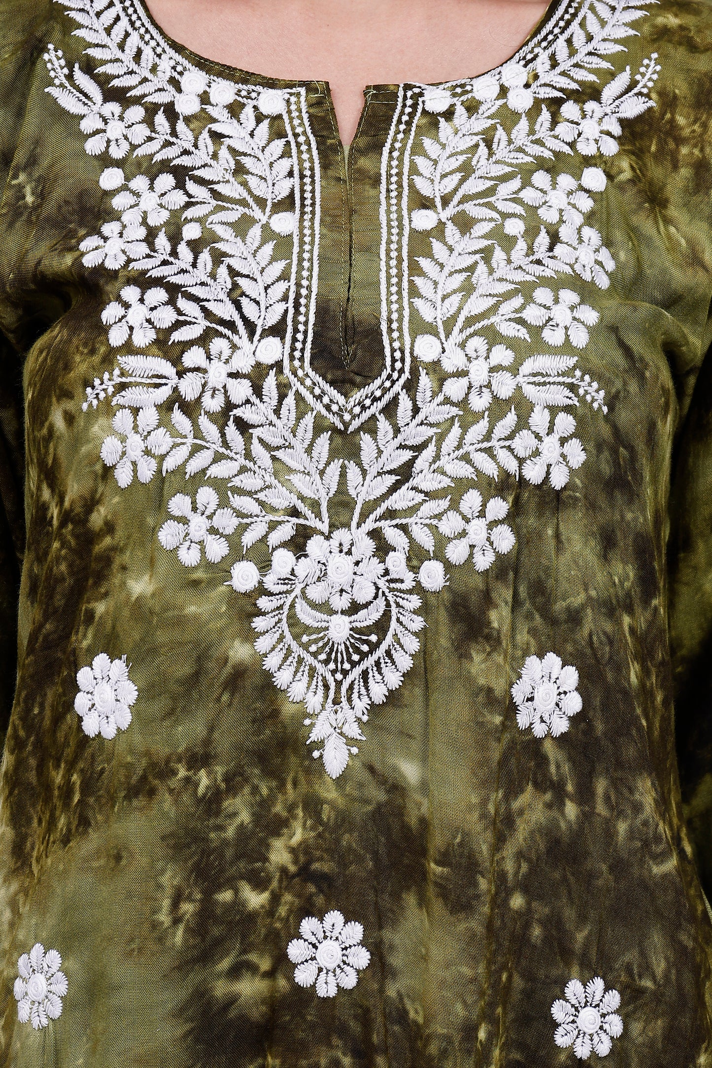 The Chikankari Story Embroidered Rayon Tie-Dyed Chikankari Green short Kurti with 3D Embroidery.