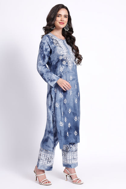 The Chikankari Story Embroidered Rayon Tie-Dyed Chikankari Blue Kurti plazzo set having bollywood 3D Embroidery.