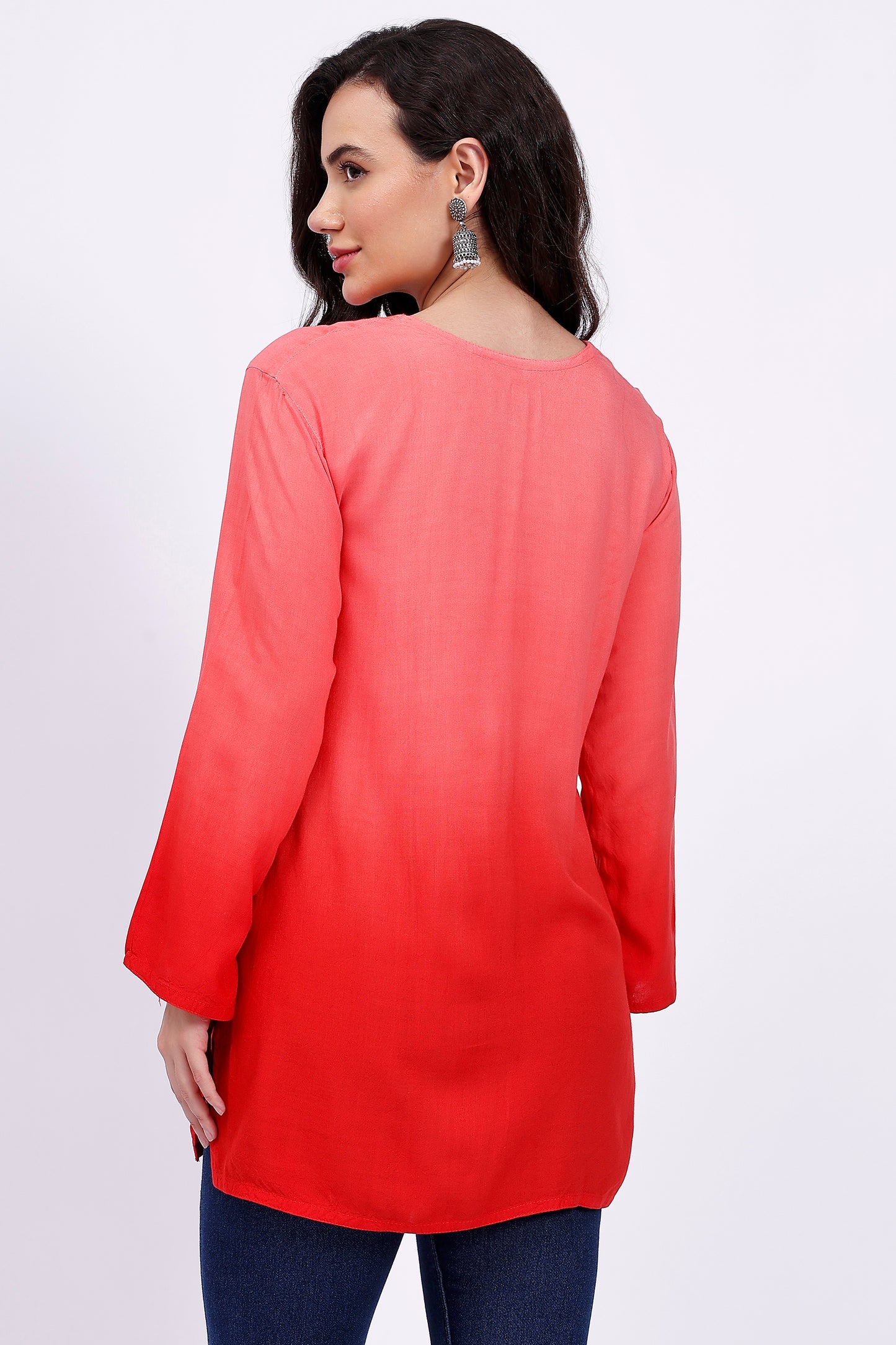 The Chikankari Story Elegant Red Rayon Chikankari Kurti with Heavy Neck Embroidery – Short Length, Pre-Dyed Design.