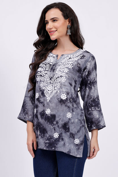 The Chikankari Story Embroidered Rayon Tie-Dyed Chikankari Grey short Kurti with 3D Embroidery.