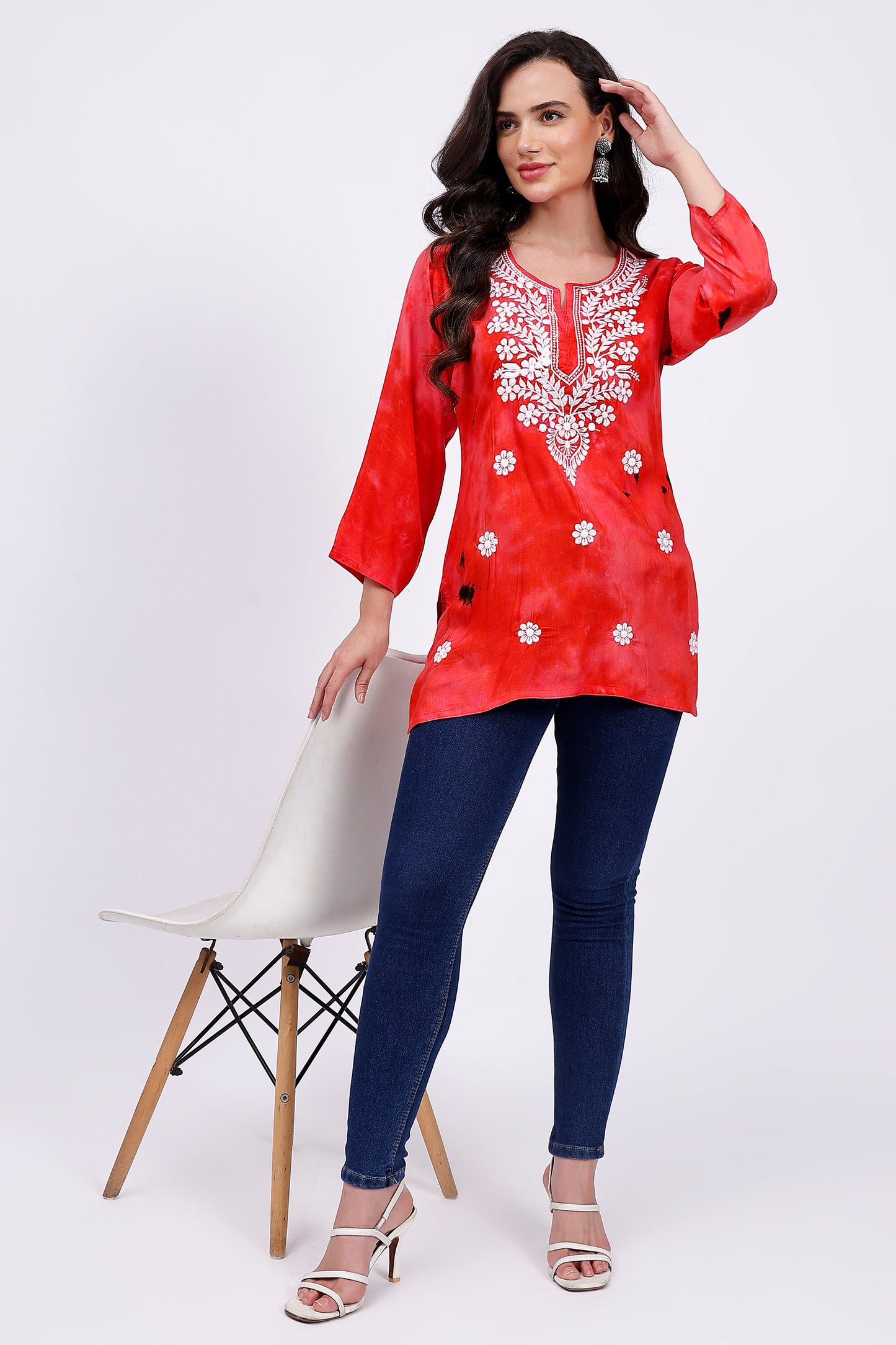 The Chikankari Story Embroidered Rayon Tie-Dyed Chikankari Red short Kurti with 3D Embroidery.