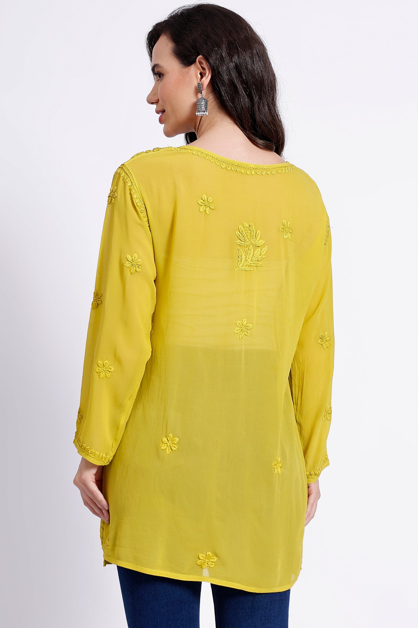 The Chikankari Story Elegant Yellow Viscose Georgette Chikankari hand embroidery 3D work Kurti with Heavy Neck Embroidery – Short Length kurti kurta.