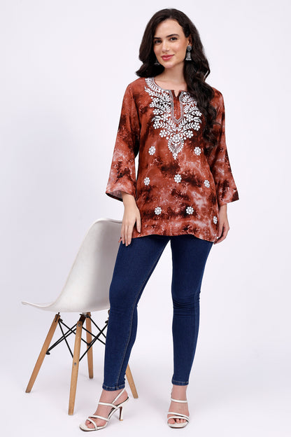 The Chikankari Story Embroidered Rayon Tie-Dyed Chikankari Brown short Kurti with 3D Embroidery.