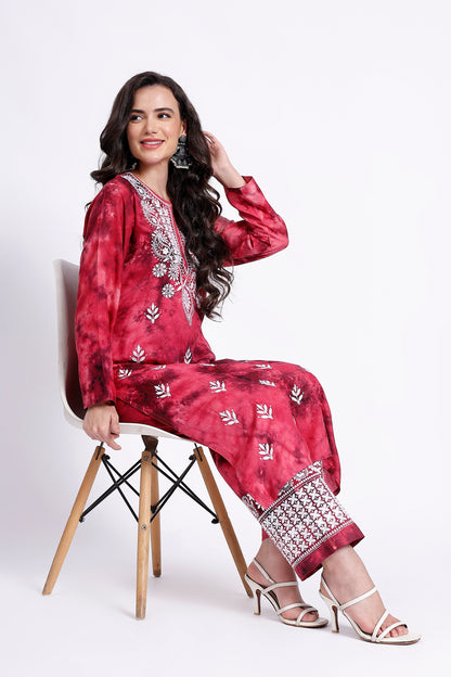 The Chikankari Story Embroidered Rayon Tie-Dyed Chikankari pink Kurti Plazzo set with 3D Embroidery.