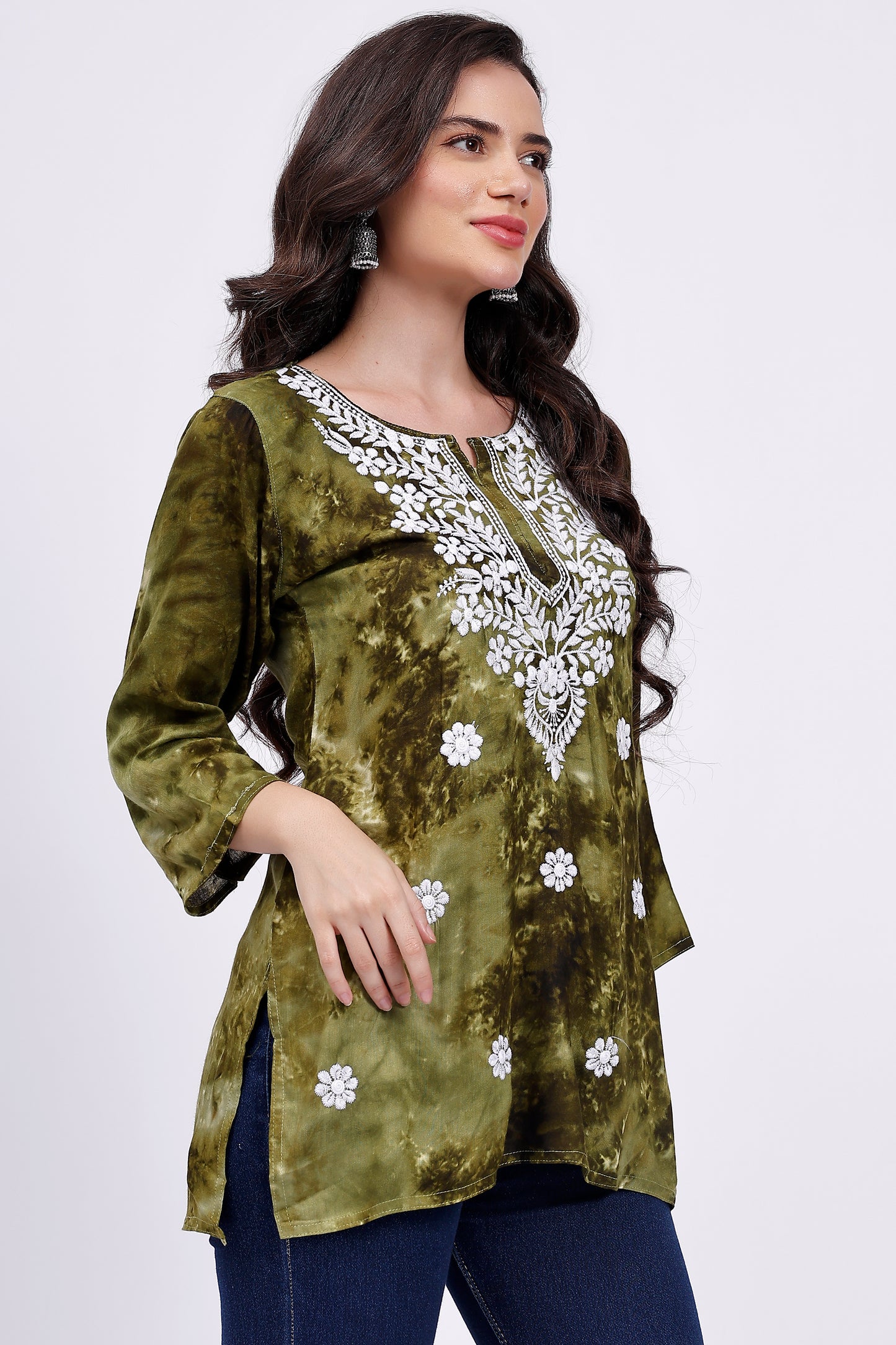 The Chikankari Story Embroidered Rayon Tie-Dyed Chikankari Green short Kurti with 3D Embroidery.