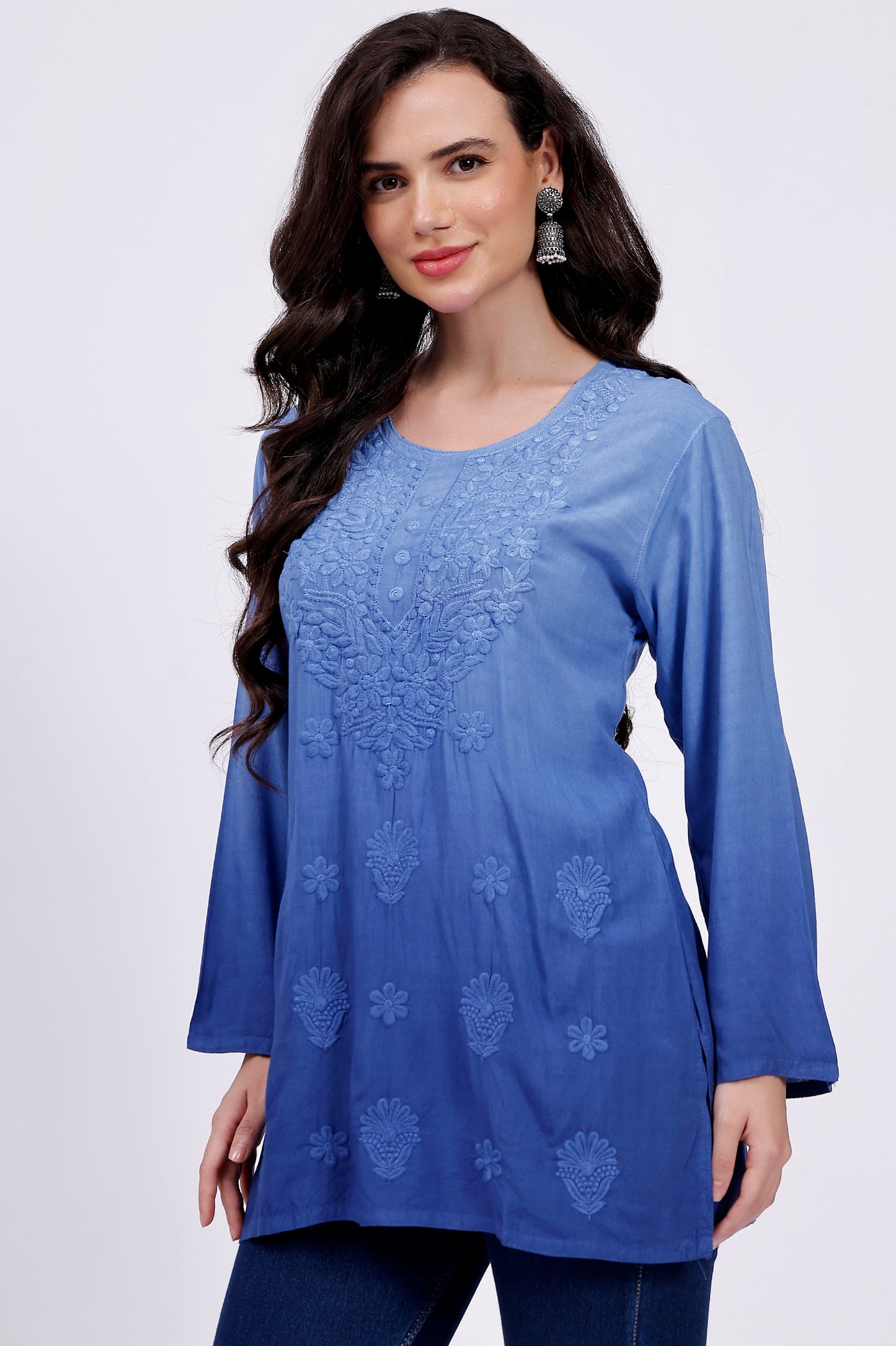 The Chikankari Story Elegant Blue Rayon Chikankari Kurti with Heavy Neck Embroidery – Short Length, Pre-Dyed Design.