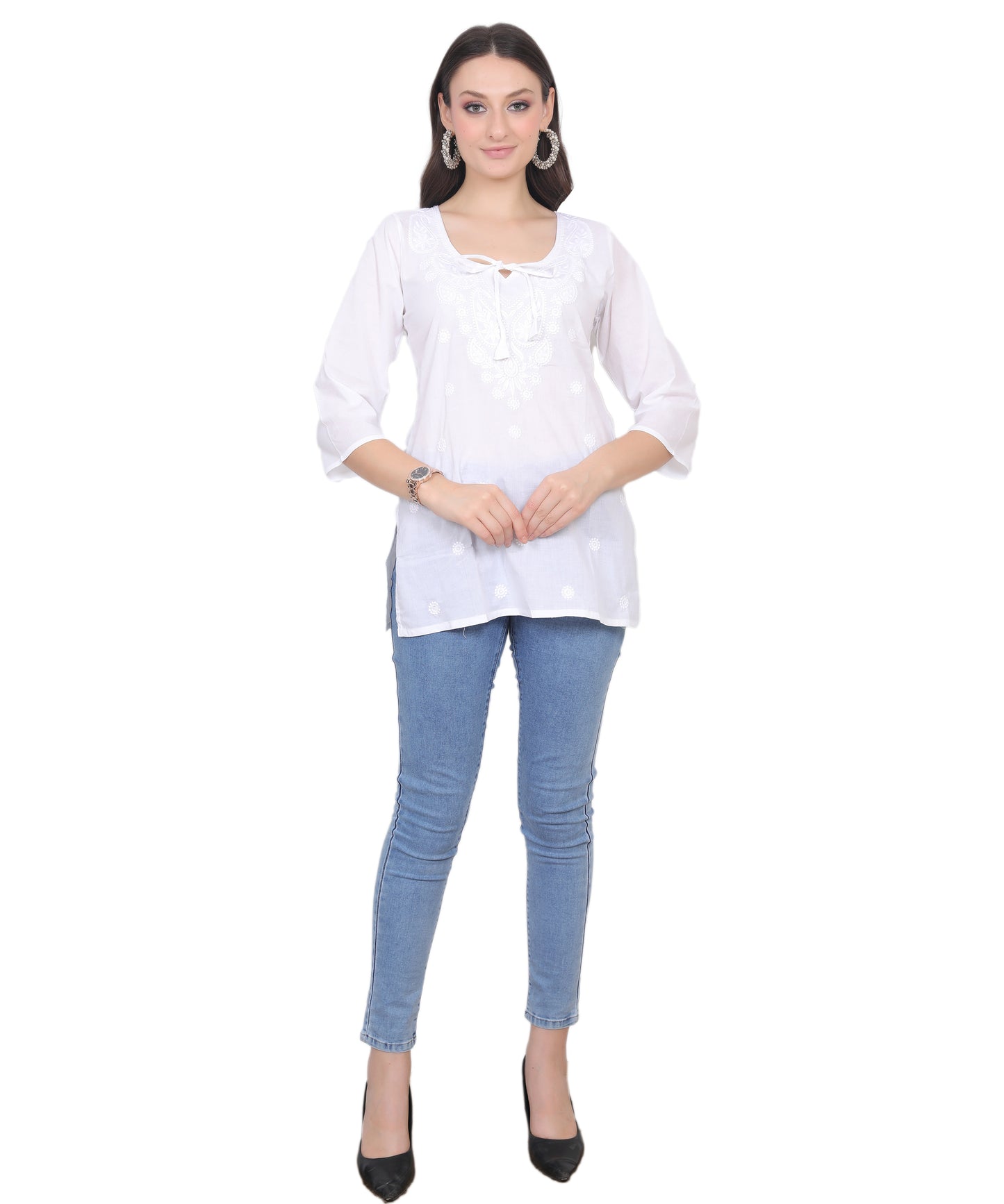 Women's Pure Cotton Chikankari Inspired Embroidered Short Kurti – Mustard Yellow, Pink, Sky Blue, Wine, Purple & White.