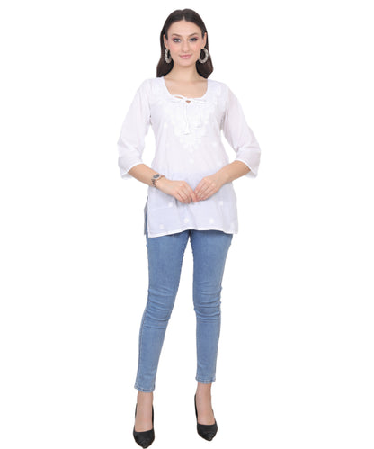 Women's Pure Cotton Chikankari Inspired Embroidered Short Kurti – Mustard Yellow, Pink, Sky Blue, Wine, Purple & White.