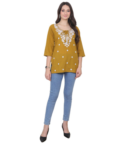Women's Pure Cotton Chikankari Inspired Embroidered Short Kurti – Mustard Yellow, Pink, Sky Blue, Wine, Purple & White.