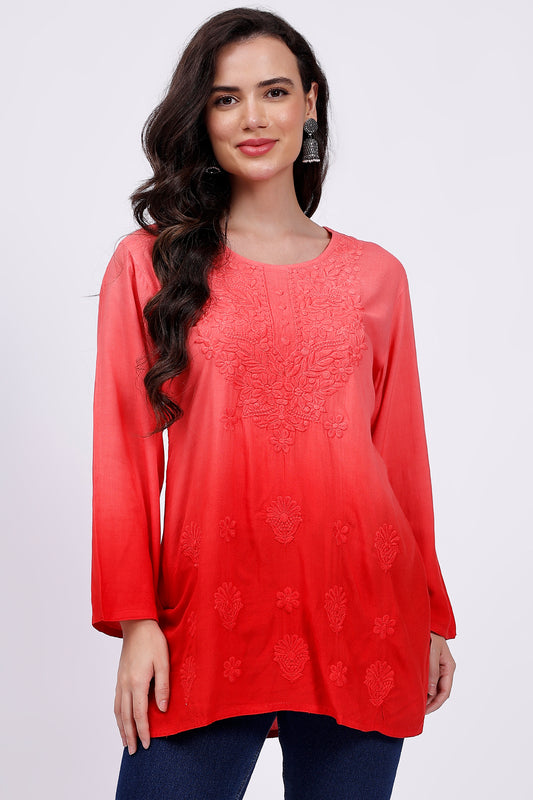 The Chikankari Story Elegant Red Rayon Chikankari Kurti with Heavy Neck Embroidery – Short Length, Pre-Dyed Design.