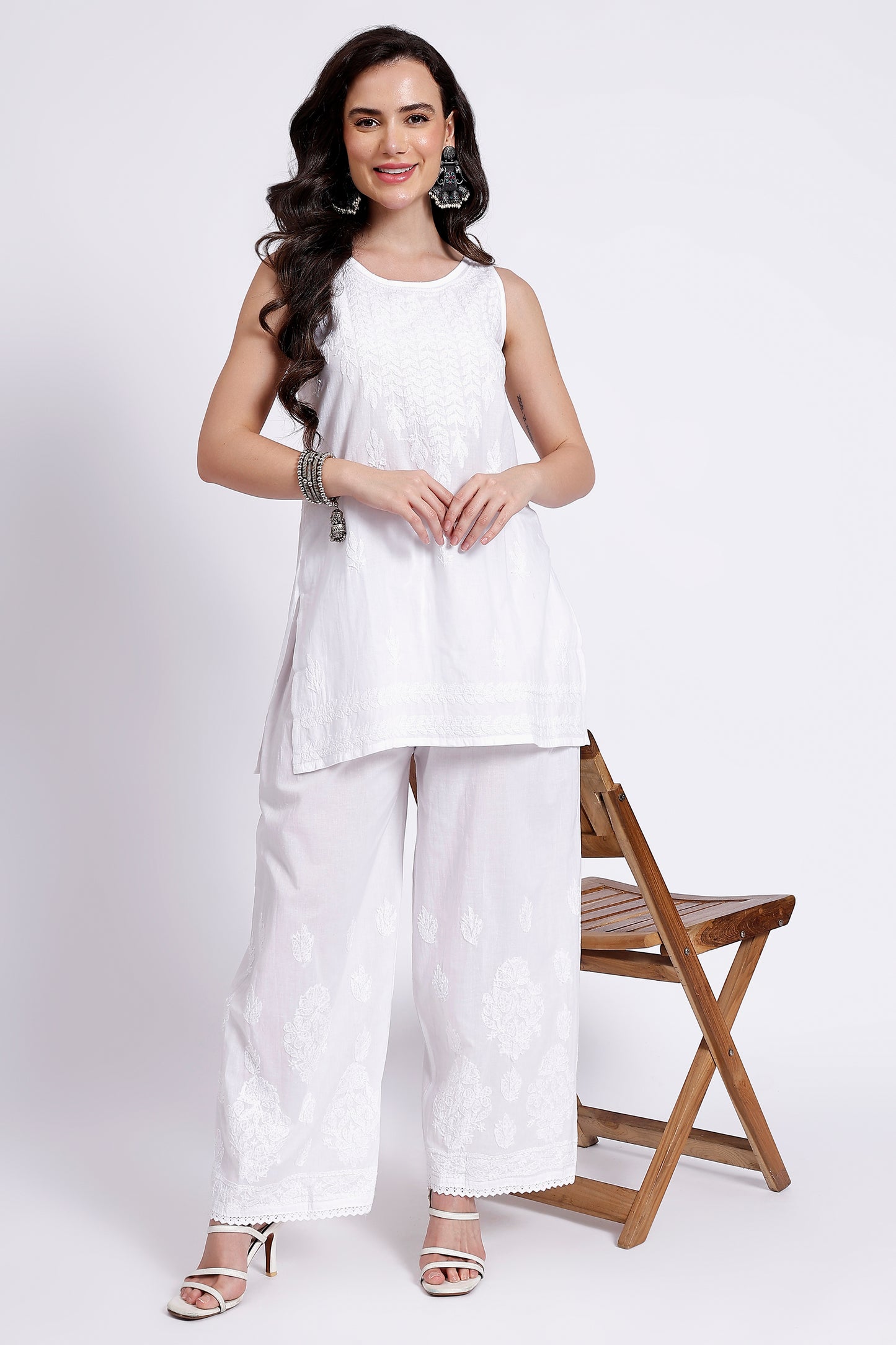 The Chikankari Story White Pure Cotton Chikankari Palazzo with Hand Embroidery and Crochet Lace Border – Lakhnavi Design.