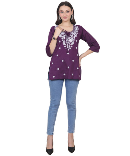 Women's Pure Cotton Chikankari Inspired Embroidered Short Kurti – Mustard Yellow, Pink, Sky Blue, Wine, Purple & White.