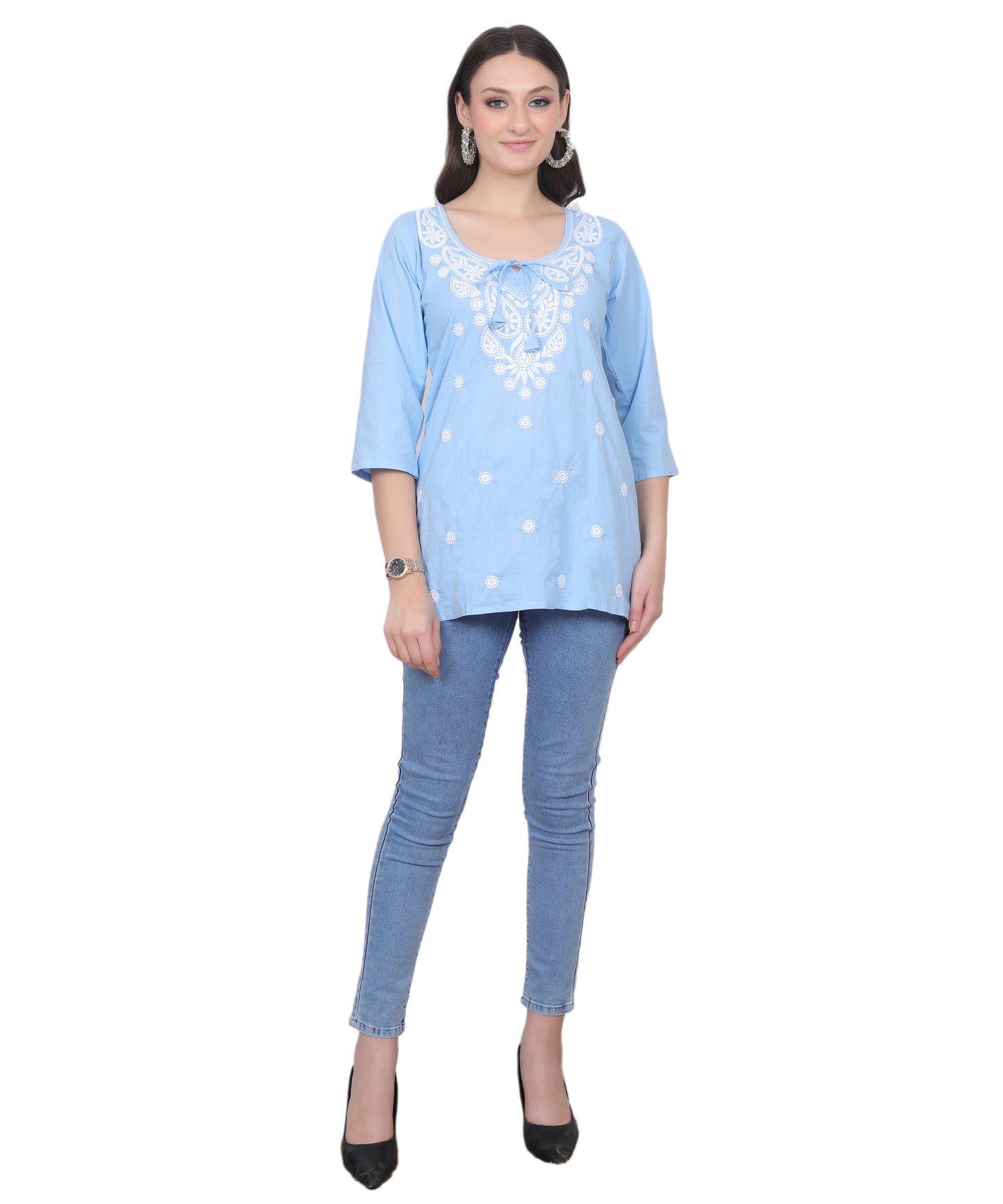 Women's Pure Cotton Chikankari Inspired Embroidered Short Kurti – Mustard Yellow, Pink, Sky Blue, Wine, Purple & White.