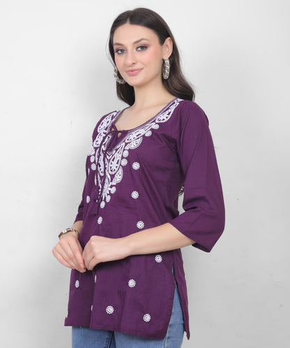 Women's Pure Cotton Chikankari Inspired Embroidered Short Kurti – Mustard Yellow, Pink, Sky Blue, Wine, Purple & White.