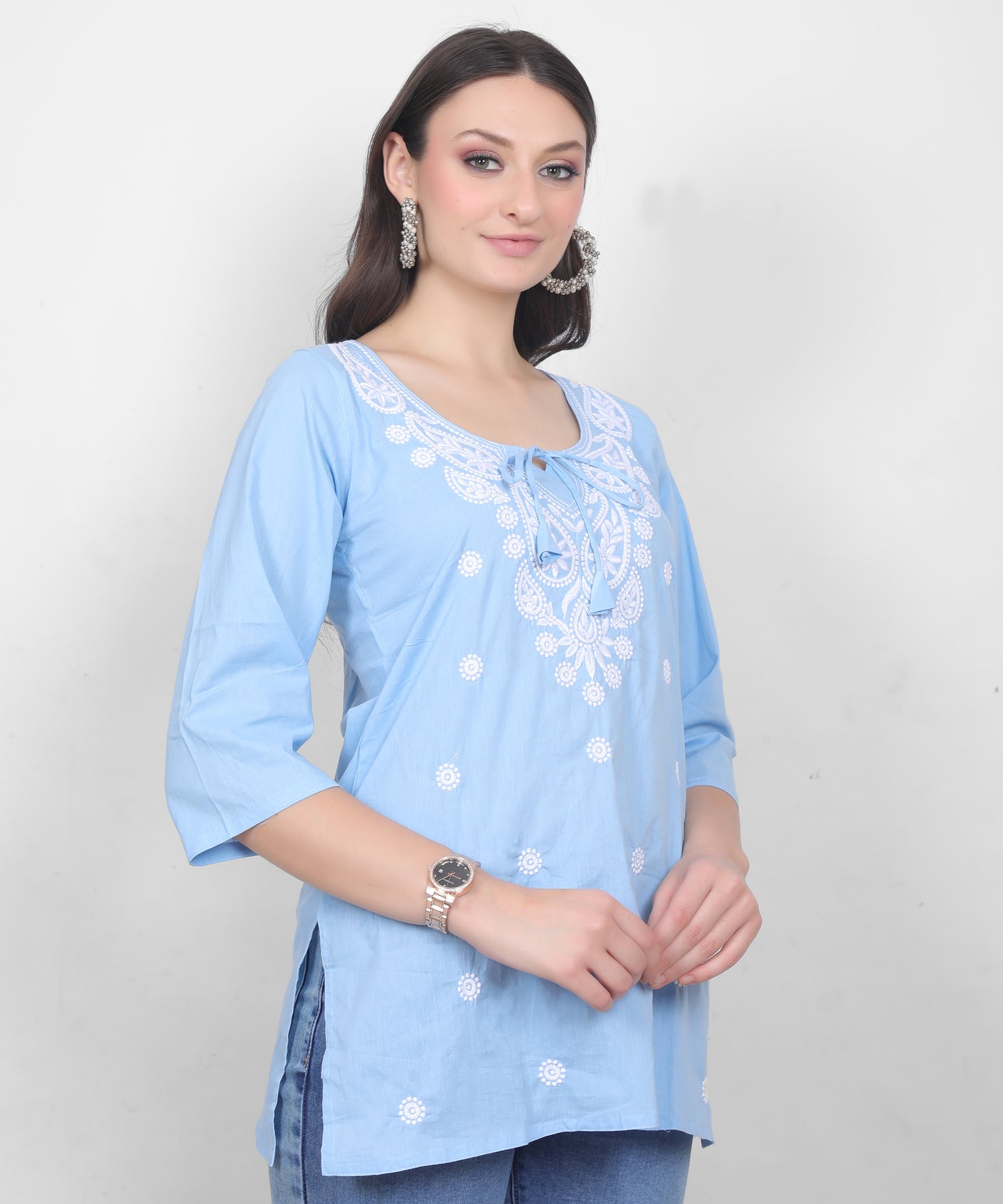 Women's Pure Cotton Chikankari Inspired Embroidered Short Kurti – Mustard Yellow, Pink, Sky Blue, Wine, Purple & White.