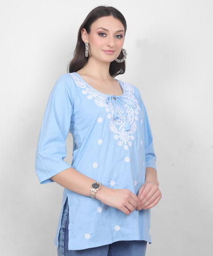 Women's Pure Cotton Chikankari Inspired Embroidered Short Kurti – Mustard Yellow, Pink, Sky Blue, Wine, Purple & White.