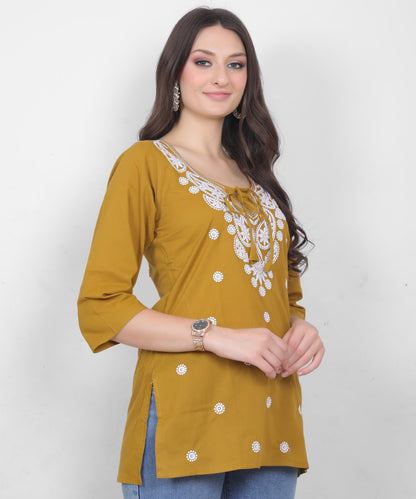 Women's Pure Cotton Chikankari Inspired Embroidered Short Kurti – Mustard Yellow, Pink, Sky Blue, Wine, Purple & White.