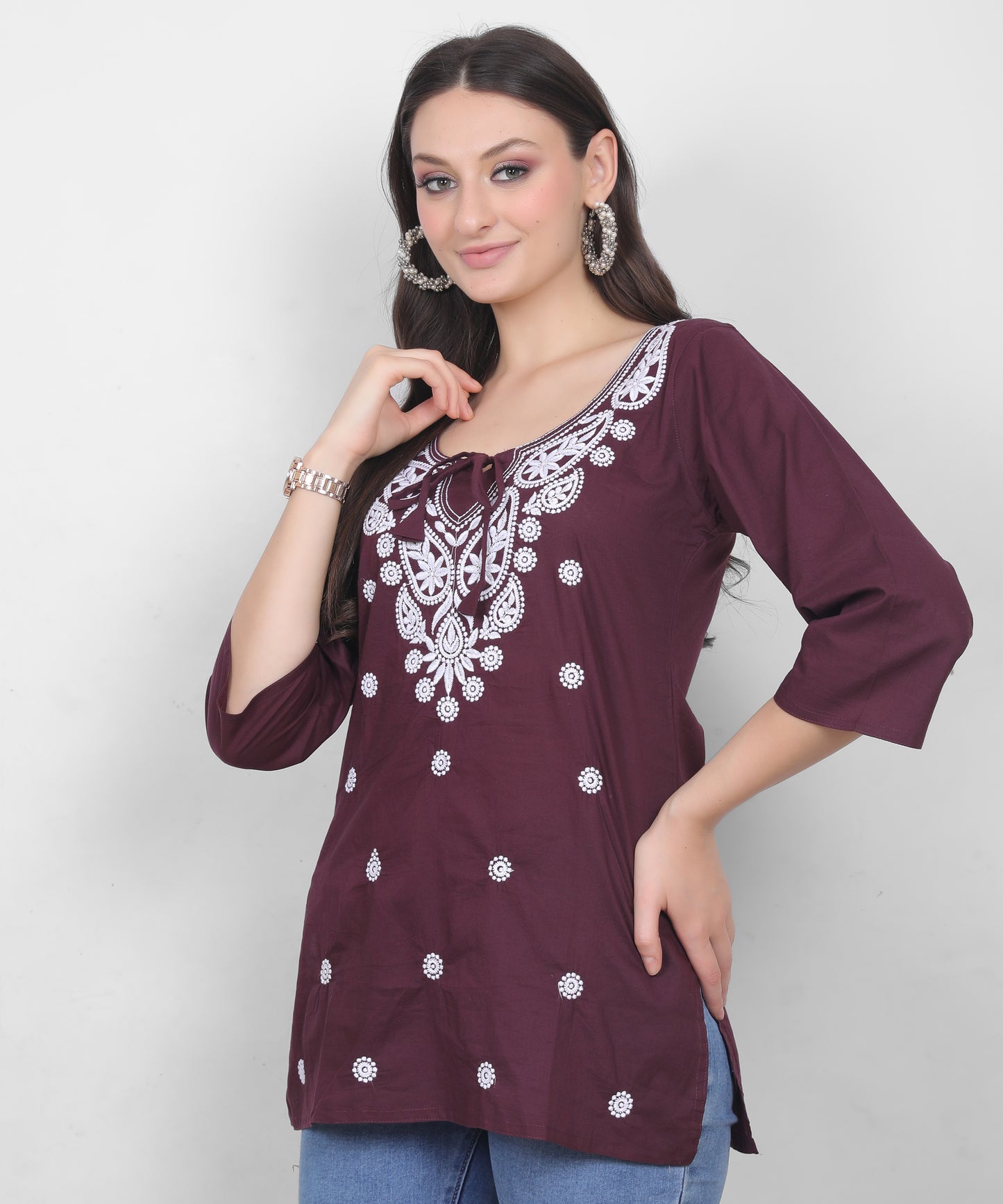 Women's Pure Cotton Chikankari Inspired Embroidered Short Kurti – Mustard Yellow, Pink, Sky Blue, Wine, Purple & White.