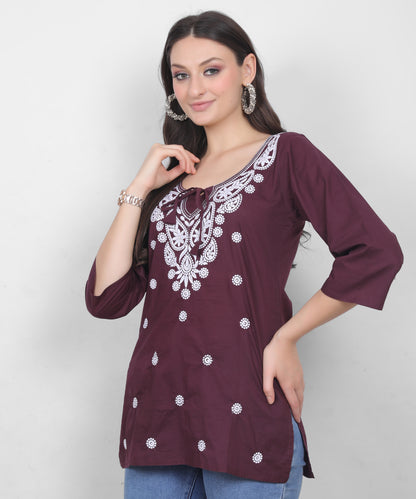 Women's Pure Cotton Chikankari Inspired Embroidered Short Kurti – Mustard Yellow, Pink, Sky Blue, Wine, Purple & White.