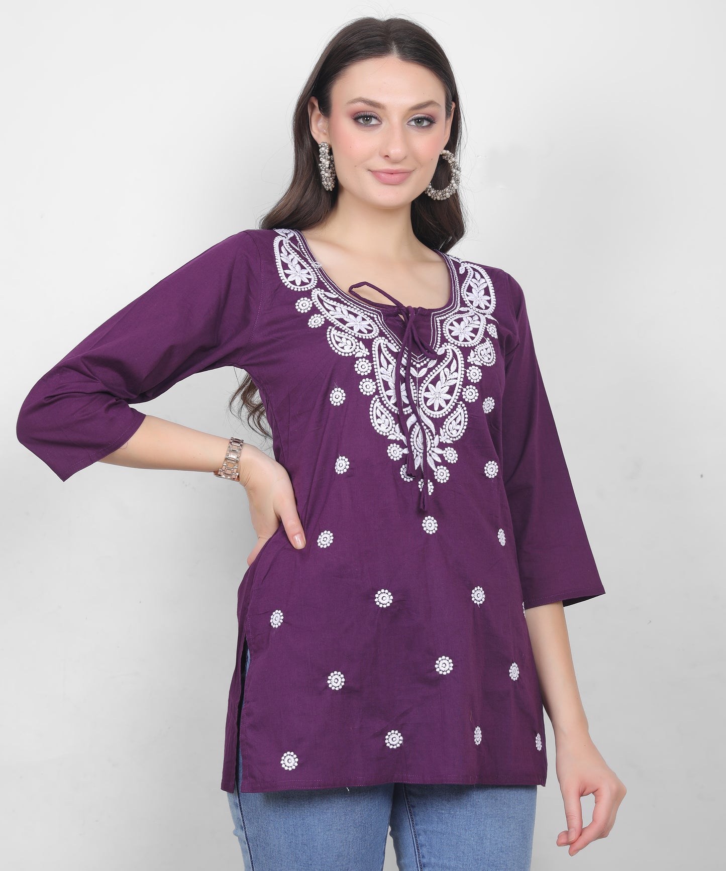 Women's Pure Cotton Chikankari Inspired Embroidered Short Kurti – Mustard Yellow, Pink, Sky Blue, Wine, Purple & White.