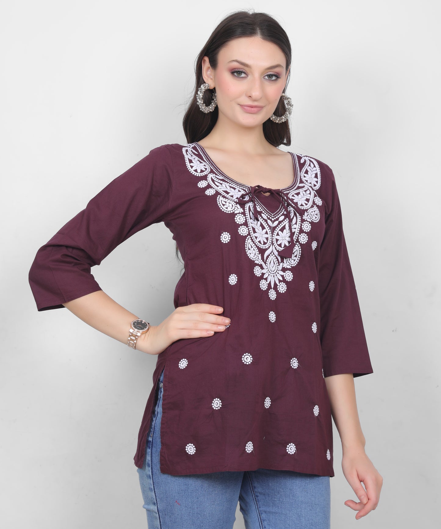 Women's Pure Cotton Chikankari Inspired Embroidered Short Kurti – Mustard Yellow, Pink, Sky Blue, Wine, Purple & White.