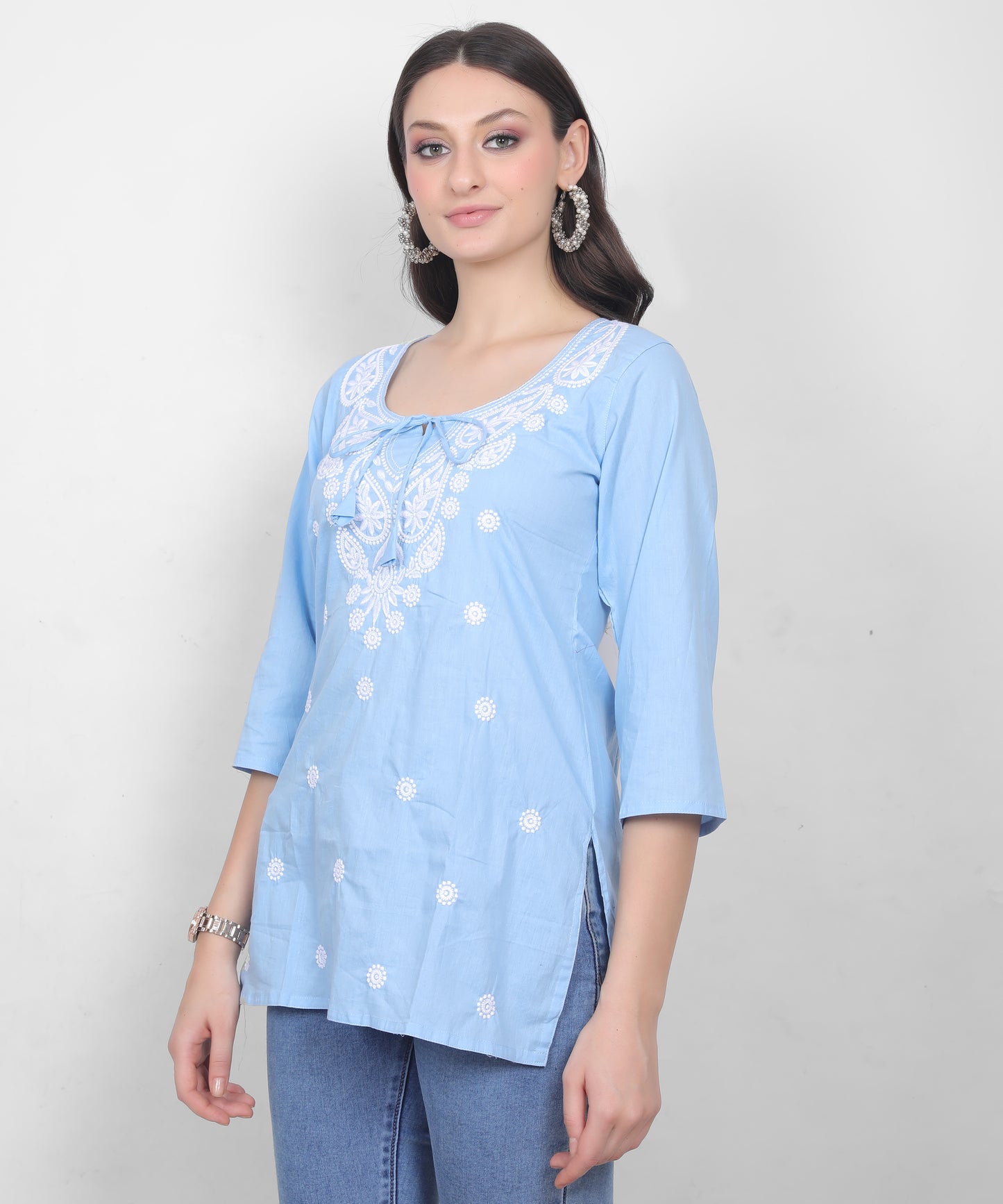 Women's Pure Cotton Chikankari Inspired Embroidered Short Kurti – Mustard Yellow, Pink, Sky Blue, Wine, Purple & White.