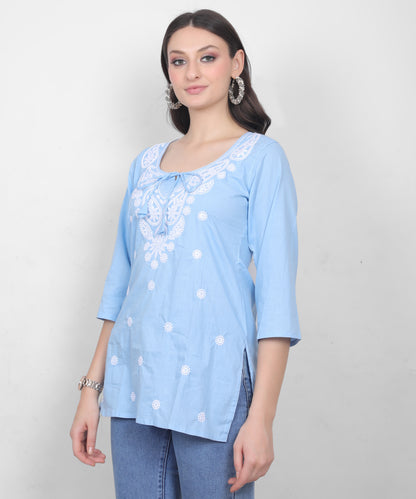 Women's Pure Cotton Chikankari Inspired Embroidered Short Kurti – Mustard Yellow, Pink, Sky Blue, Wine, Purple & White.