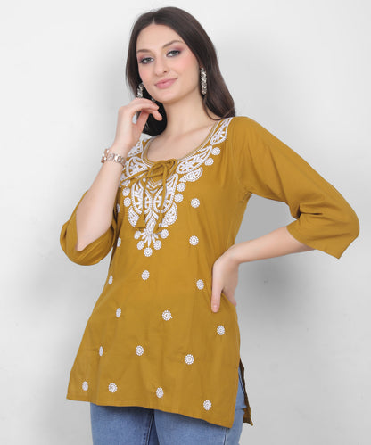 Women's Pure Cotton Chikankari Inspired Embroidered Short Kurti – Mustard Yellow, Pink, Sky Blue, Wine, Purple & White.