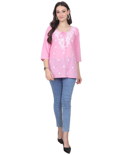 Women's Pure Cotton Chikankari Inspired Embroidered Short Kurti – Mustard Yellow, Pink, Sky Blue, Wine, Purple & White.