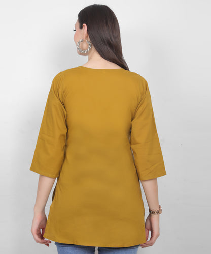 Women's Pure Cotton Chikankari Inspired Embroidered Short Kurti – Mustard Yellow, Pink, Sky Blue, Wine, Purple & White.