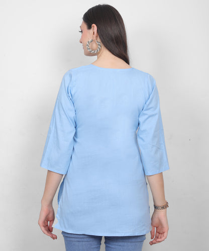 Women's Pure Cotton Chikankari Inspired Embroidered Short Kurti – Mustard Yellow, Pink, Sky Blue, Wine, Purple & White.